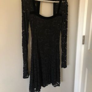 Free People Black Lace Dress Velvet Trim
